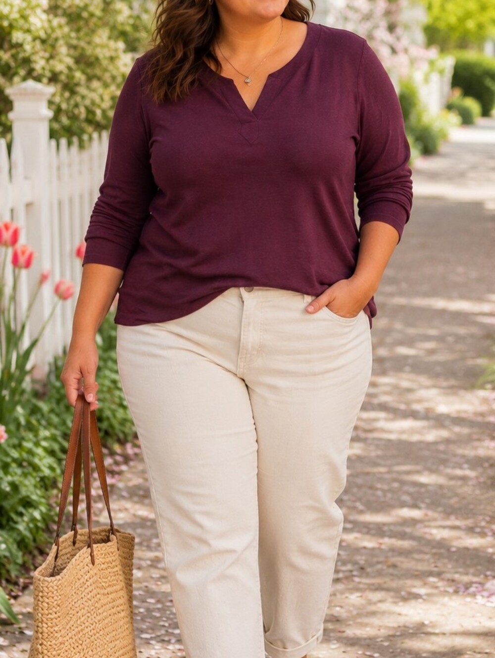 L.L. Bean Deep Plum V-Neck Long Sleeve Top | Minimalist Casual Everyday Basic